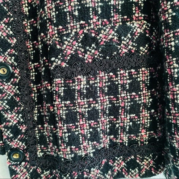 VINTAGE Tweed Structured Blazer Cropped Jacket Black Pink Size 8P - Picture 6 of 13